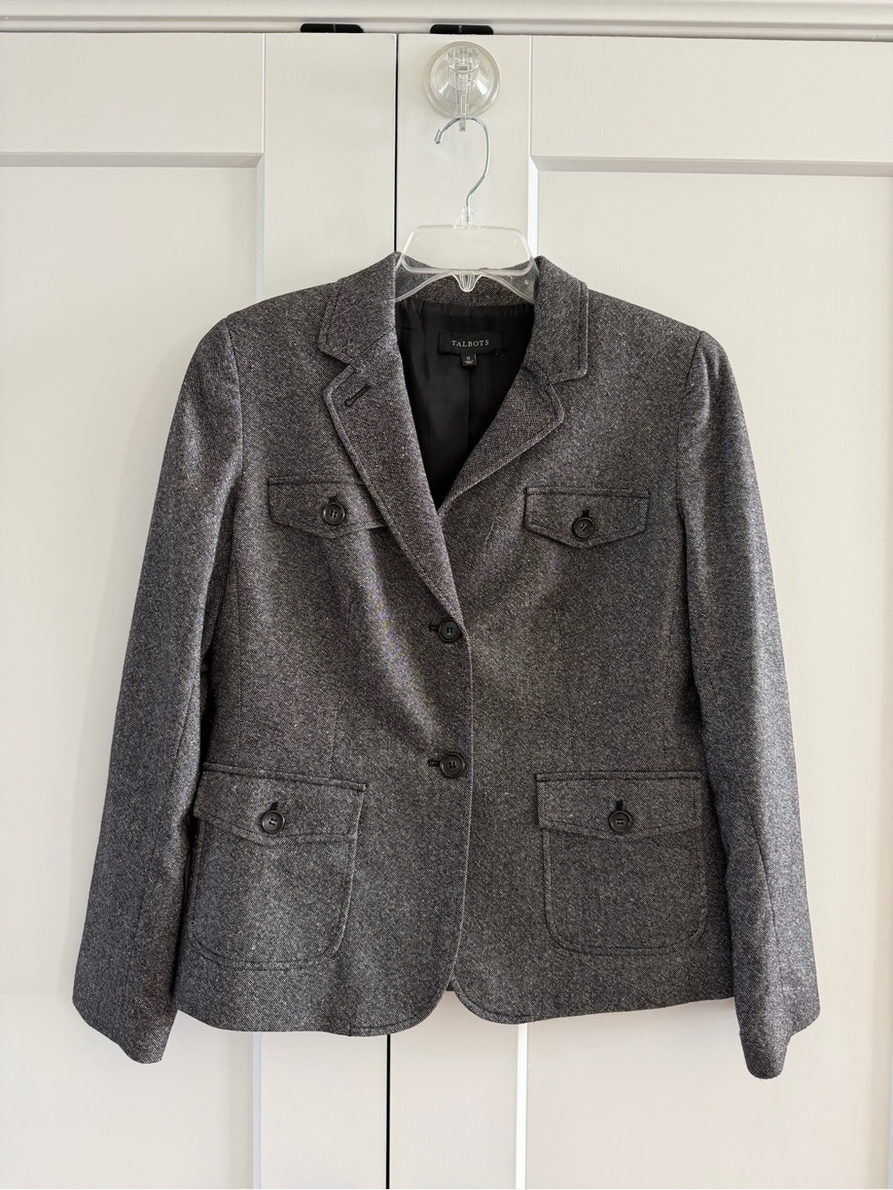Classic Talbots Charcoal Tweed Notch-Lapel Button Blazer, size 12.
